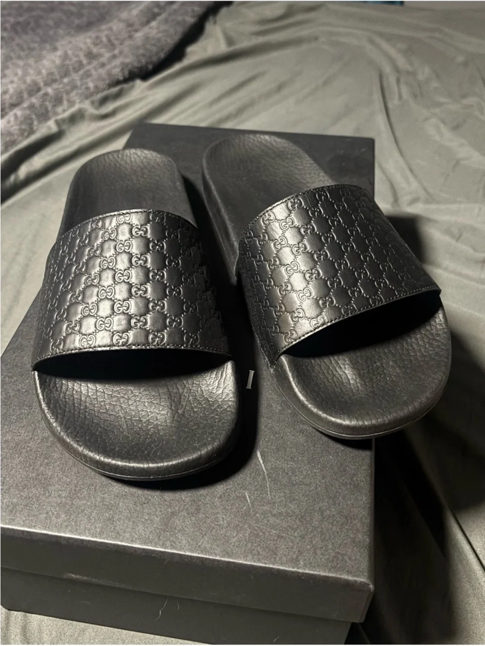 Gucci Black Embossed GG Slide Sandals - Men's US Size. 7